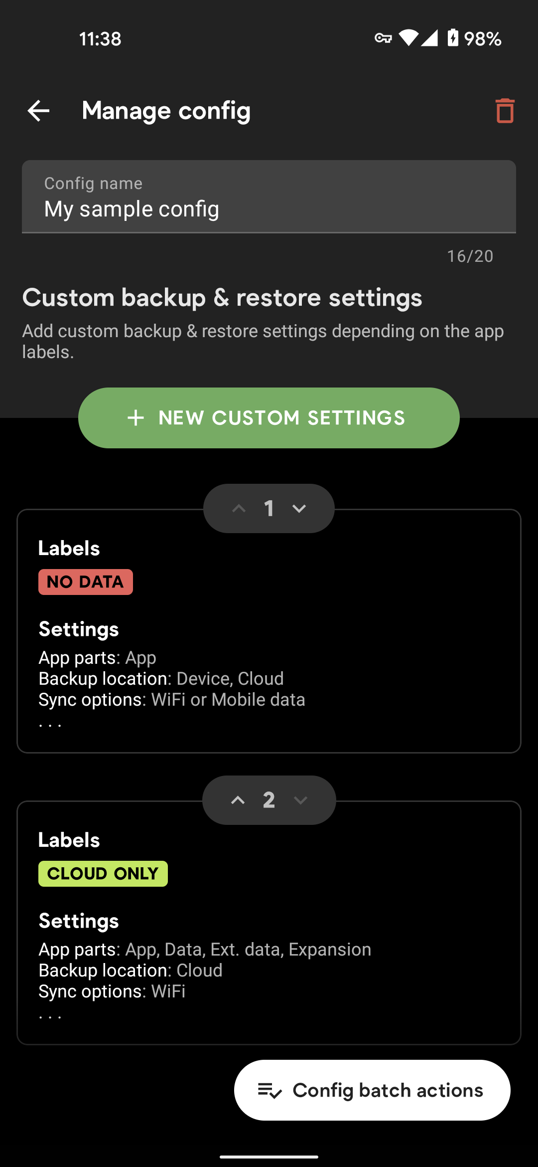 Screenshot showing custom backup configuration settings