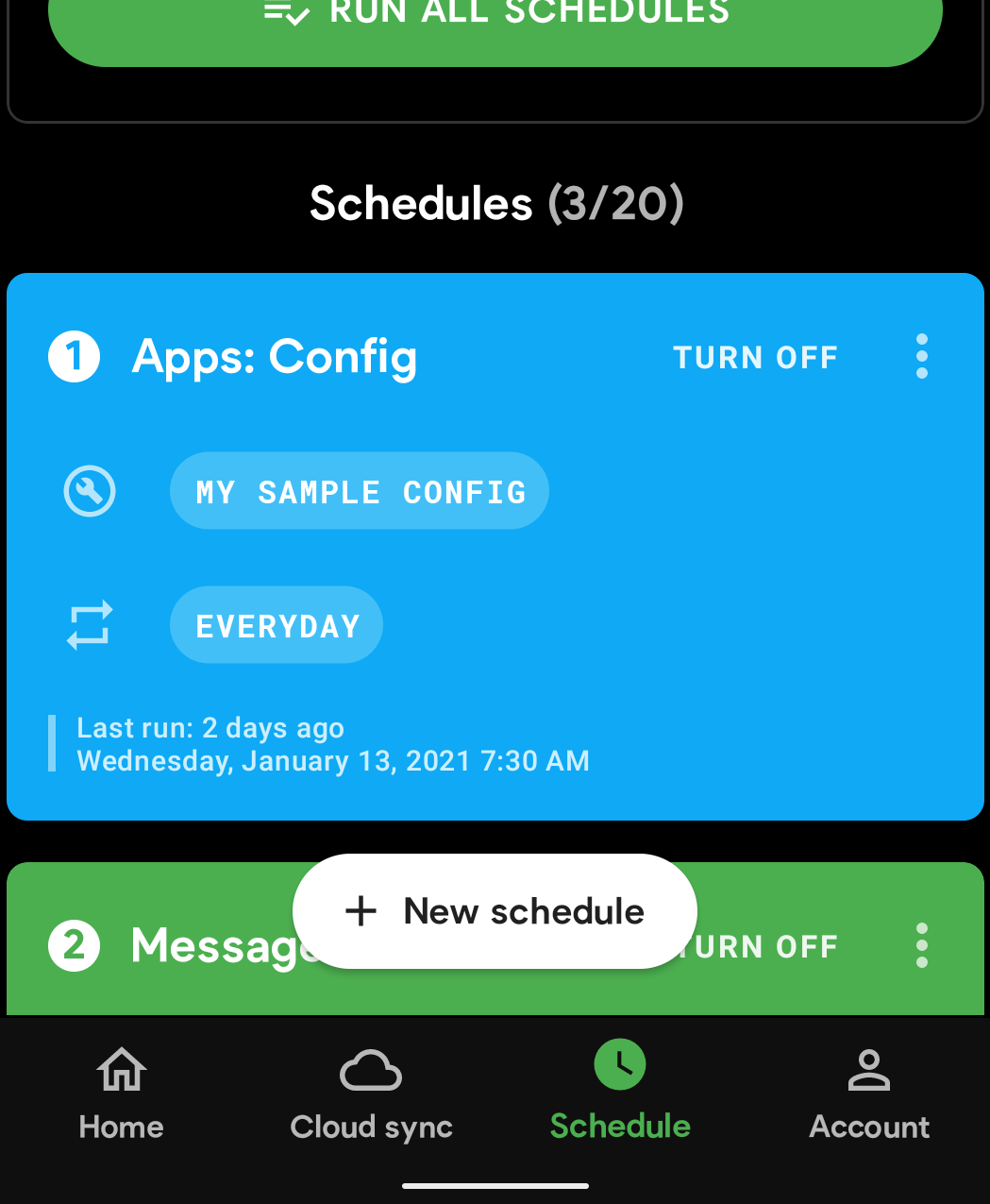 Screenshot showing schedules screen with config backup schedule